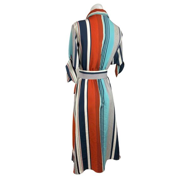Mango MNG Multicolor Mixed Striped Button Down Tie Belt Midi Shirt Dress Sz 6 - Picture 2 of 5